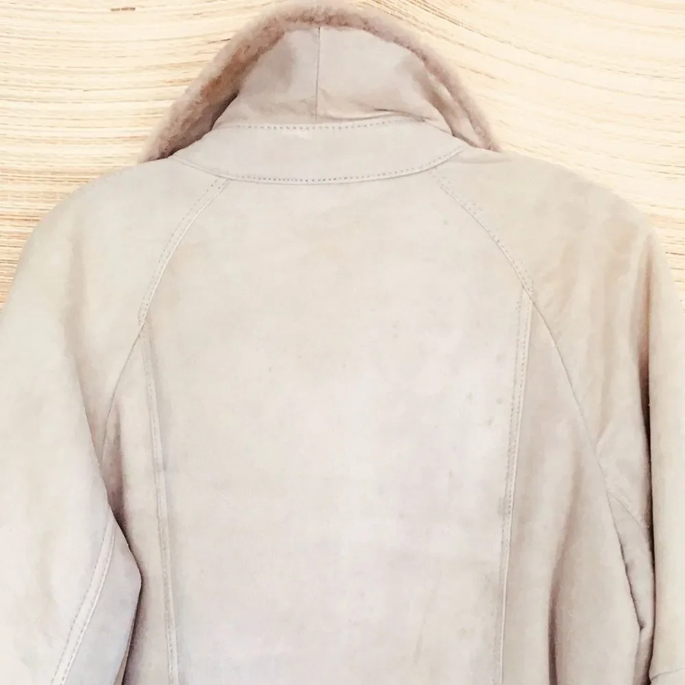 100% Gewachsenes Lammfell Suede Shearling Aviator Bomber Jacket Taupe Sz 50-US M
